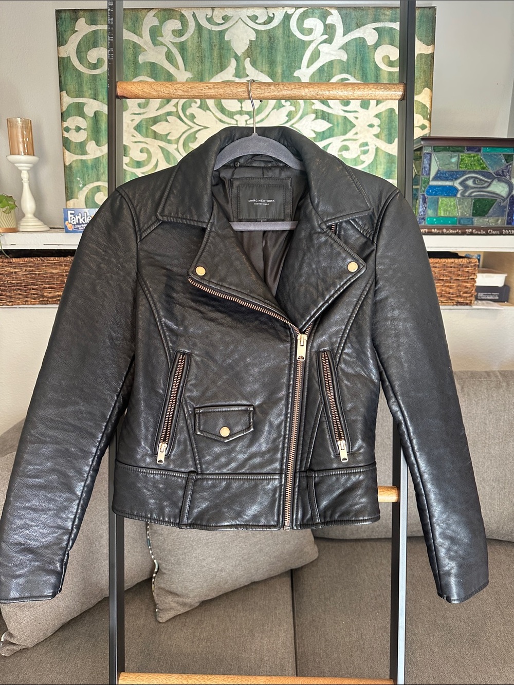 Andrew Marc Black Faux Leather Moto Jacket with Gold Hardware